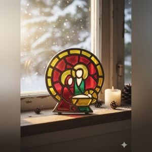 Stained Glass Christmas Nativity Scene Vtg Votive Candle Holder Cast Iron Base